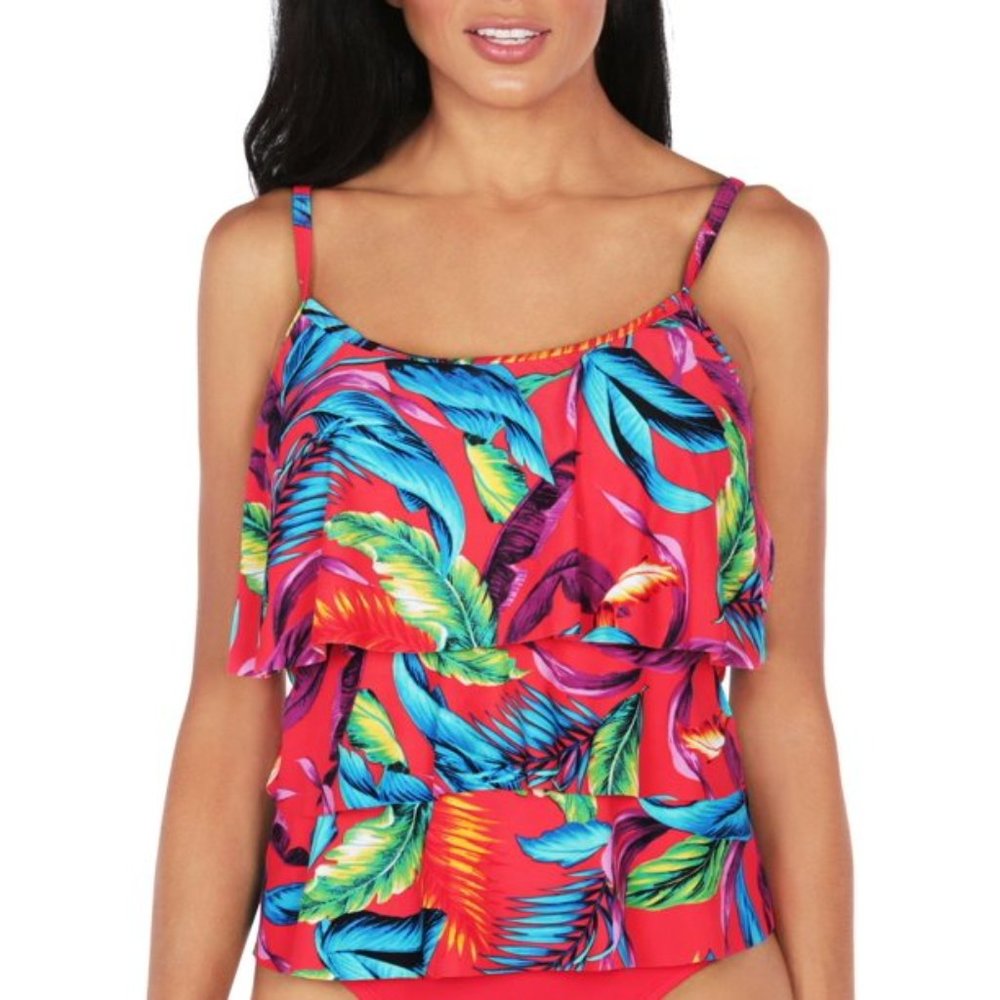 Caribbean Joe Tropical Fronds Layered Tankini Top S